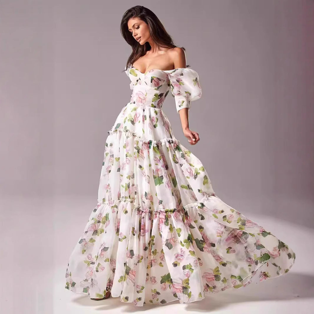 Damen Maxikleid Schulterfrei Rüschenärmel Floralmuster - Norvielle