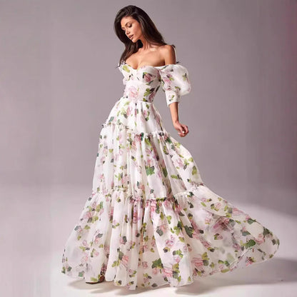 Damen Maxikleid Schulterfrei Rüschenärmel Floralmuster - Norvielle