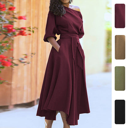 Damen Maxi-Kleid Schulterfrei Mit Gürtel Norvielle - Norvielle