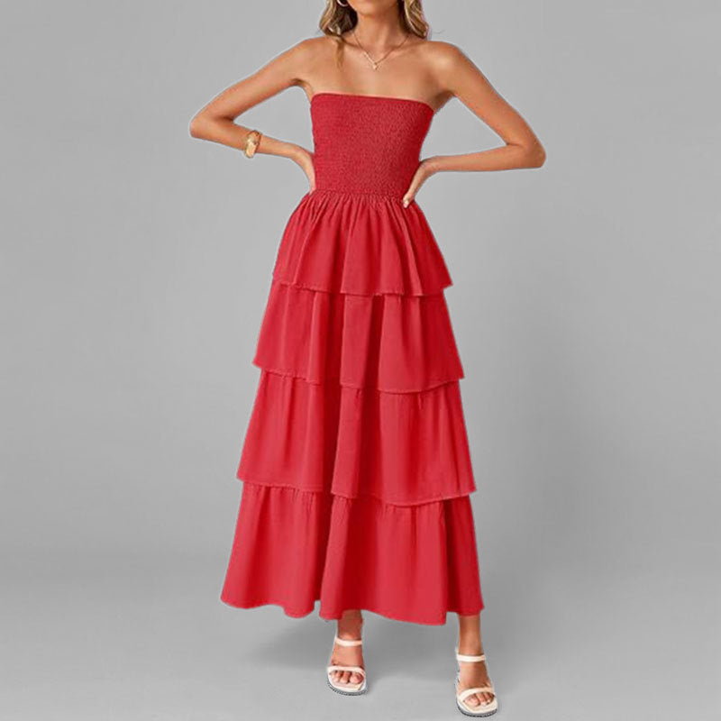 Damen Maxikleid Schulterfrei Voluminöse Rüschen