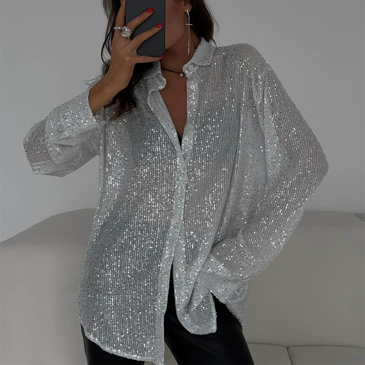 Damen Glitzerbluse Schimmernder Stoff Lässiger Schnitt