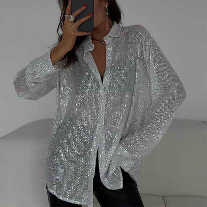 Damen Glitzerbluse Schimmernder Stoff Lässiger Schnitt