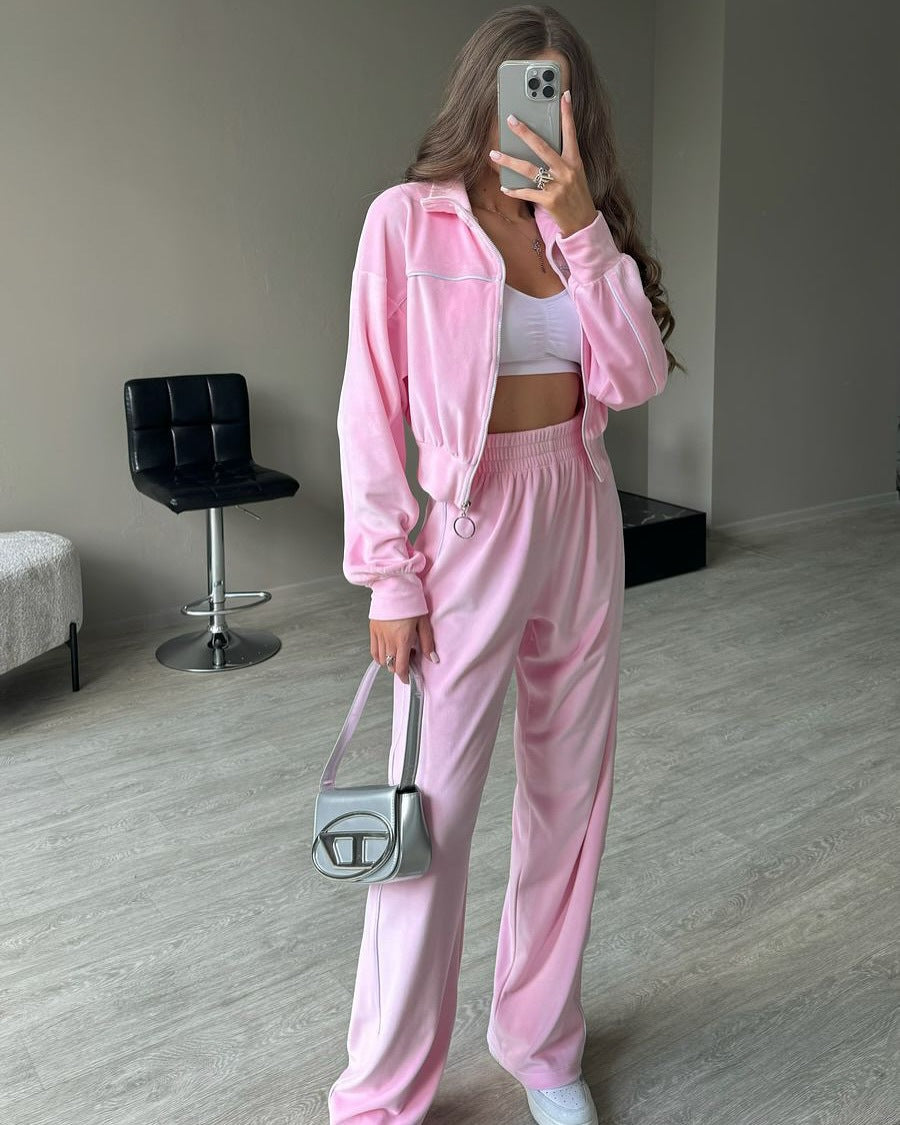 Damen Velours Joggingset Hochkragen Reißverschluss Norvielle