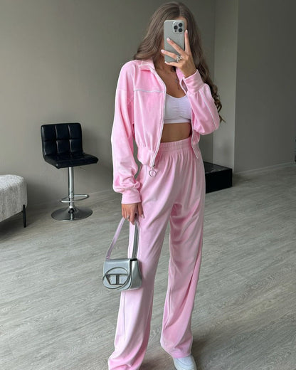 Damen Velours Joggingset Hochkragen Reißverschluss Norvielle
