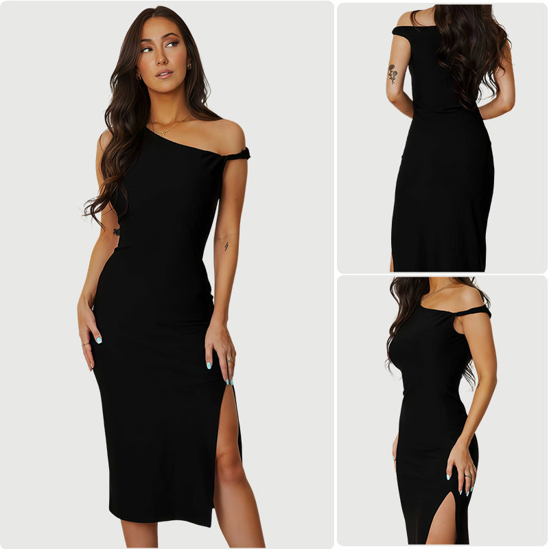 Damen Maxikleid Cut-Out Asymmetrisch Beinschlitz Schwarz - Norvielle