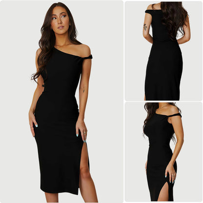 Damen Maxikleid Cut-Out Asymmetrisch Beinschlitz Schwarz - Norvielle