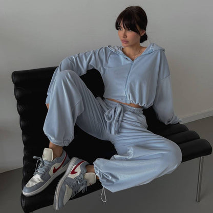 Damen Velours Freizeitanzug Cropped Oberteil Weites Bein