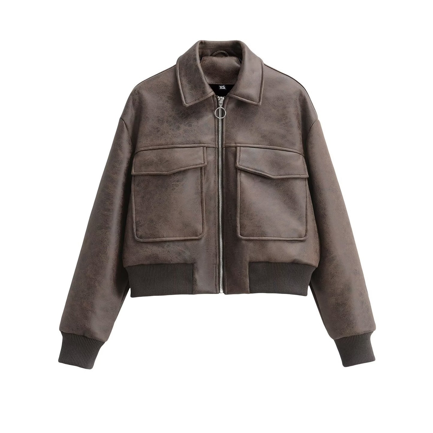 Damen Cropped Kunstlederjacke mit Taschen Schwarz - Norvielle