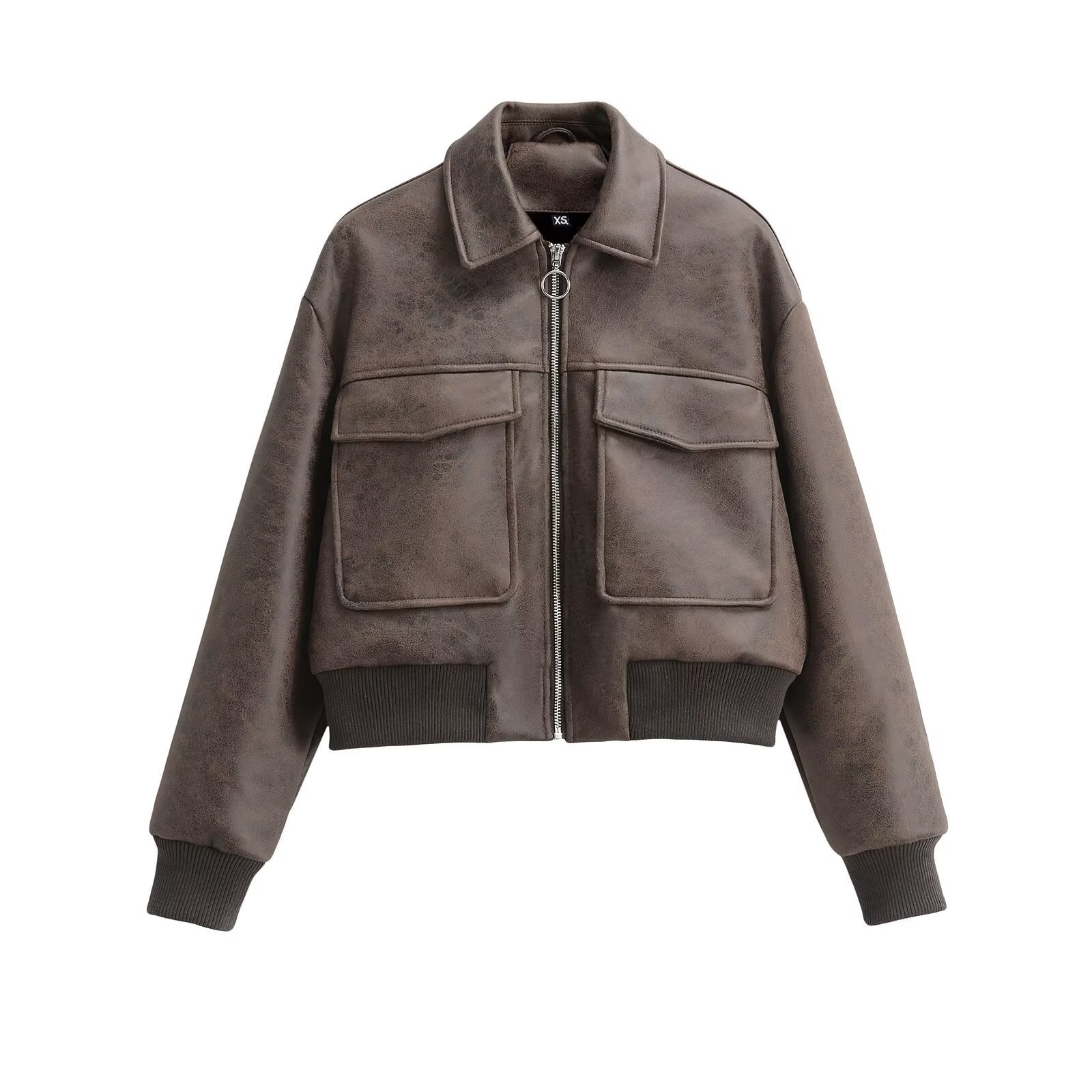 Damen Cropped Kunstlederjacke mit Taschen Schwarz - Norvielle