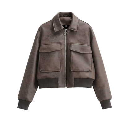 Damen Cropped Kunstlederjacke mit Taschen Schwarz - Norvielle
