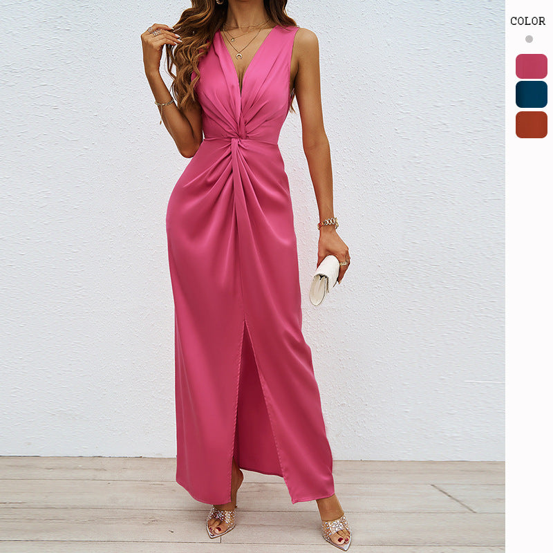 Damen Maxikleid Elegantes Design Raffungsausschnitt Schwarz - Norvielle