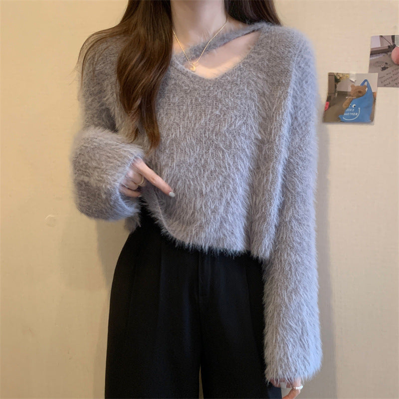 Damen Pullover Flauschig V-Ausschnitt Lässig Norvielle
