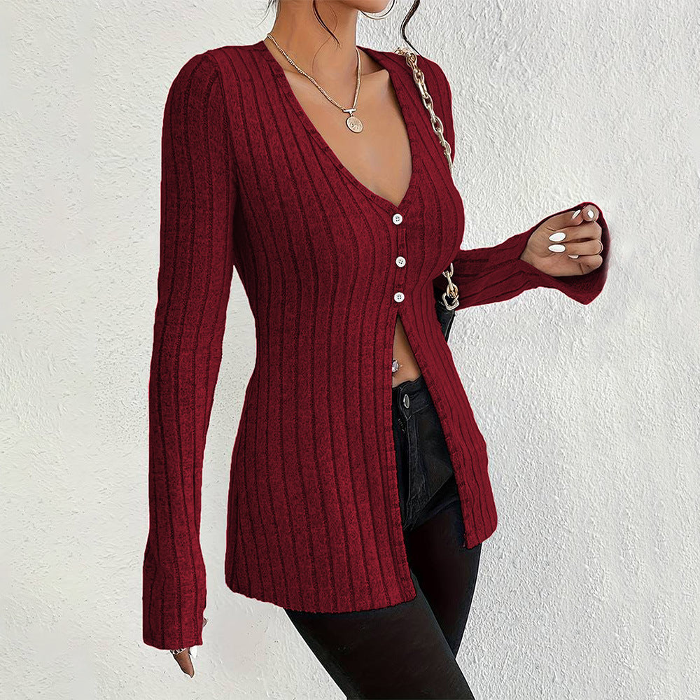 Damen Langarmcardigan Feine Rippstruktur Elegante Knöpfe Beige