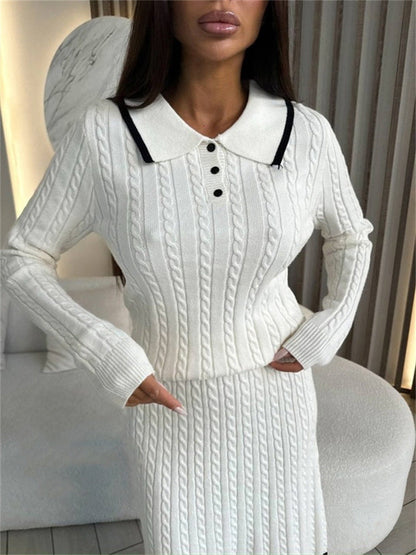 Damen Strickkleid Polo-Kragen Zopfmuster Norvielle