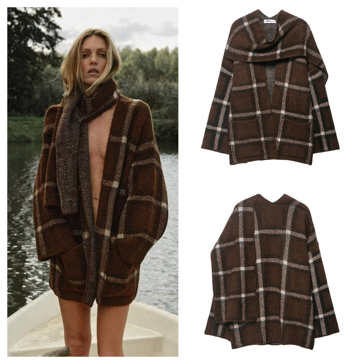 Damen Oversized Cardigan Karomuster mit Taschen Norvielle - Norvielle