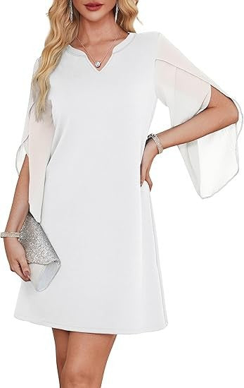 Damen V-Ausschnitt Kleid Durchsichtige Ärmel Norvielle