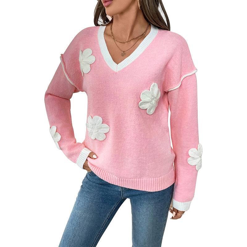 Damen Strickpullover V-Ausschnitt Blumenapplikationen Norvielle