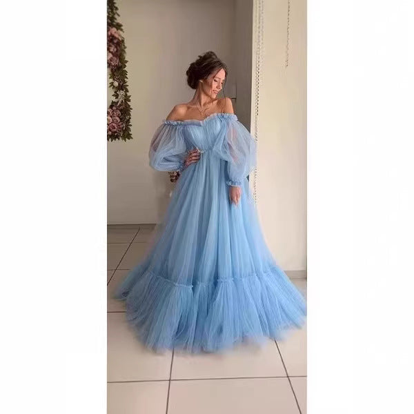 Damen Abendkleid Tüll Schulterfrei Voluminöse Ärmel Norvielle