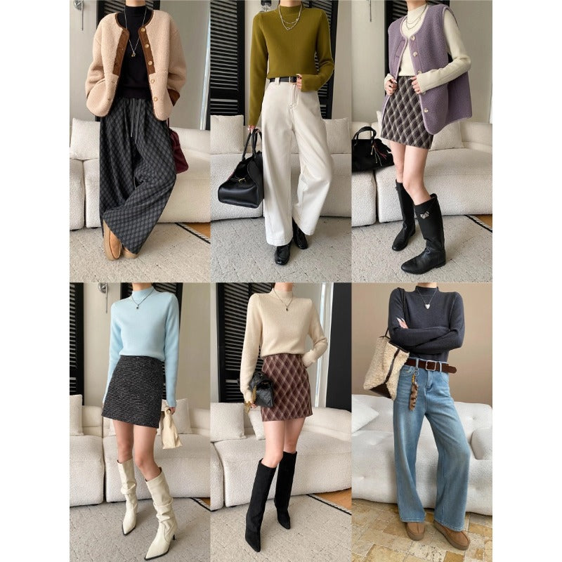 Damen Strickoberteil Figurbetont Hochkragen Rippdetails Elegantes