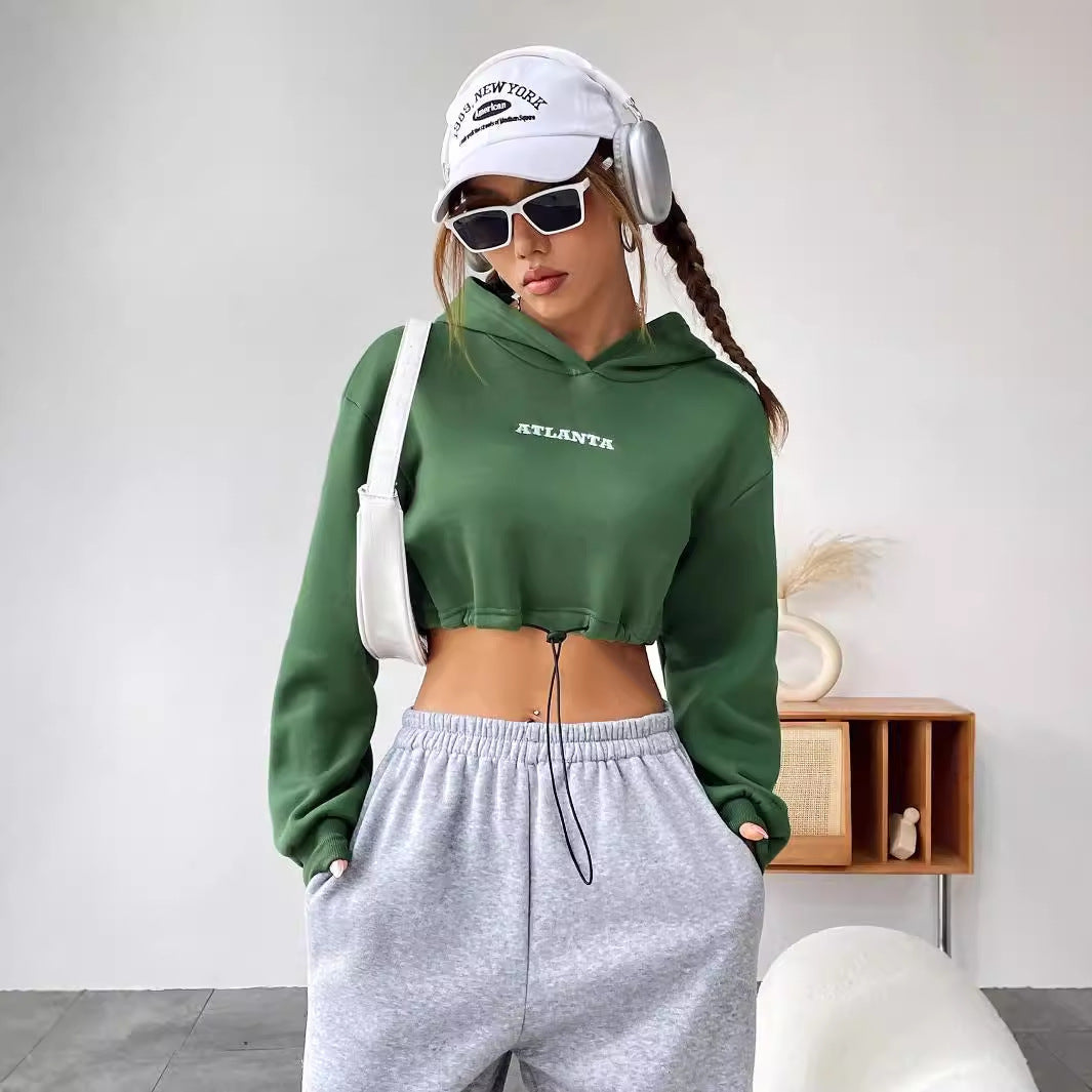 Damen Cropped Hoodie Gestickter Schriftzug Kordelzug Norvielle