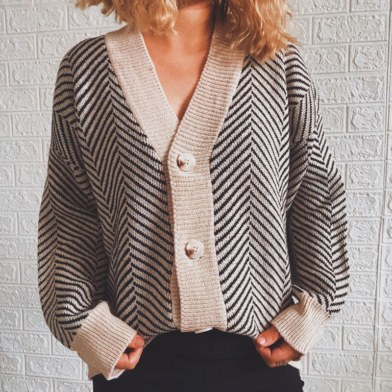 Damen Strickjacke Chevron Muster Knopfverschluss Norvielle