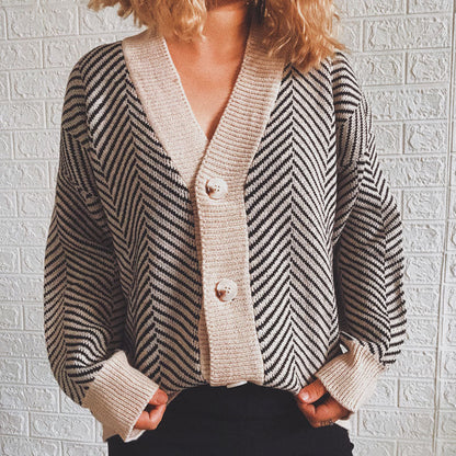 Damen Strickjacke Chevron Muster Knopfverschluss Norvielle