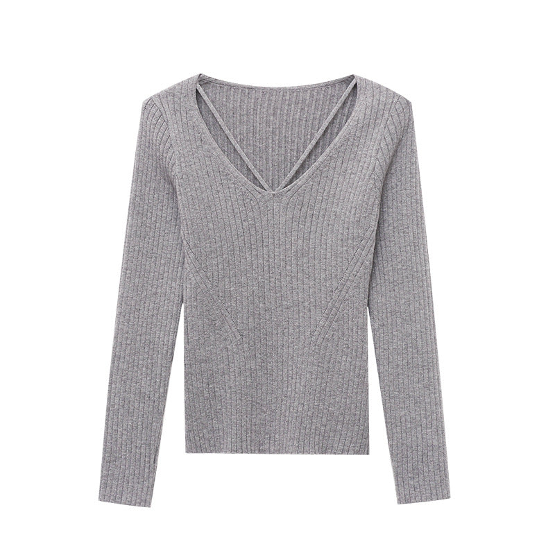 Damen Rippstrick Pullover V-Ausschnitt Langer Ärmel Norvielle