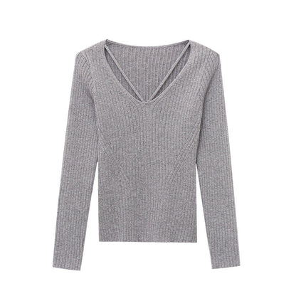 Damen Rippstrick Pullover V-Ausschnitt Langer Ärmel Norvielle