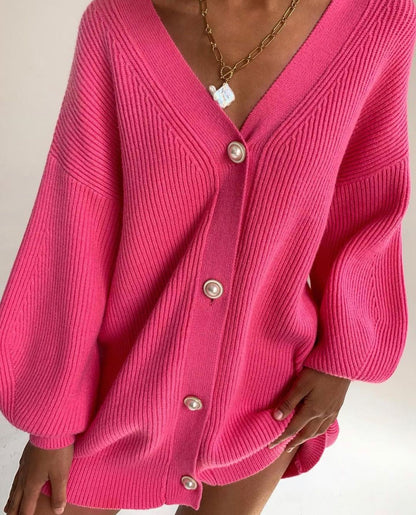 Damen Strickcardigan Oversized Dekorative Knöpfe Beige