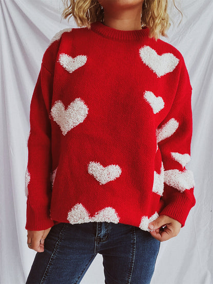Damen Strickpullover Herzapplikationen