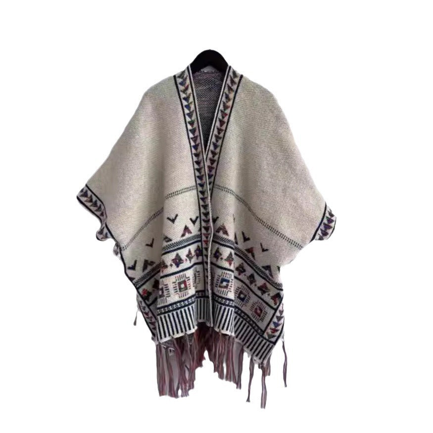 Damen Strickponcho Bunt Muster Fransenverzierung