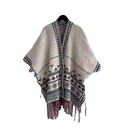 Damen Strickponcho Bunt Muster Fransenverzierung
