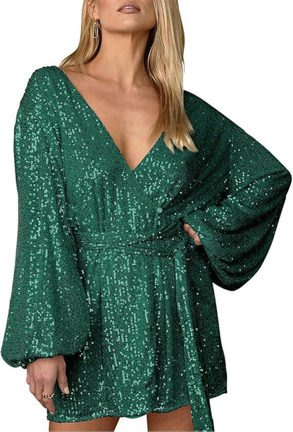 Damen Minikleid Glitzernd V-Ausschnitt Weite Ärmel Norvielle