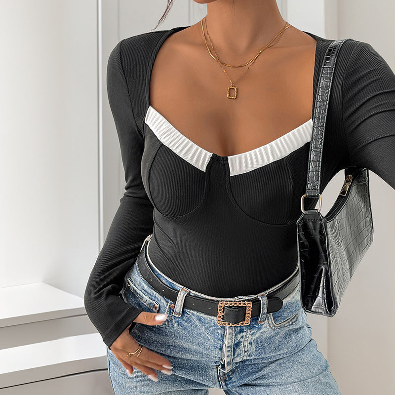 Damen Bodysuit Langarm Spitzeneinsatz