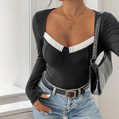 Damen Bodysuit Langarm Spitzeneinsatz