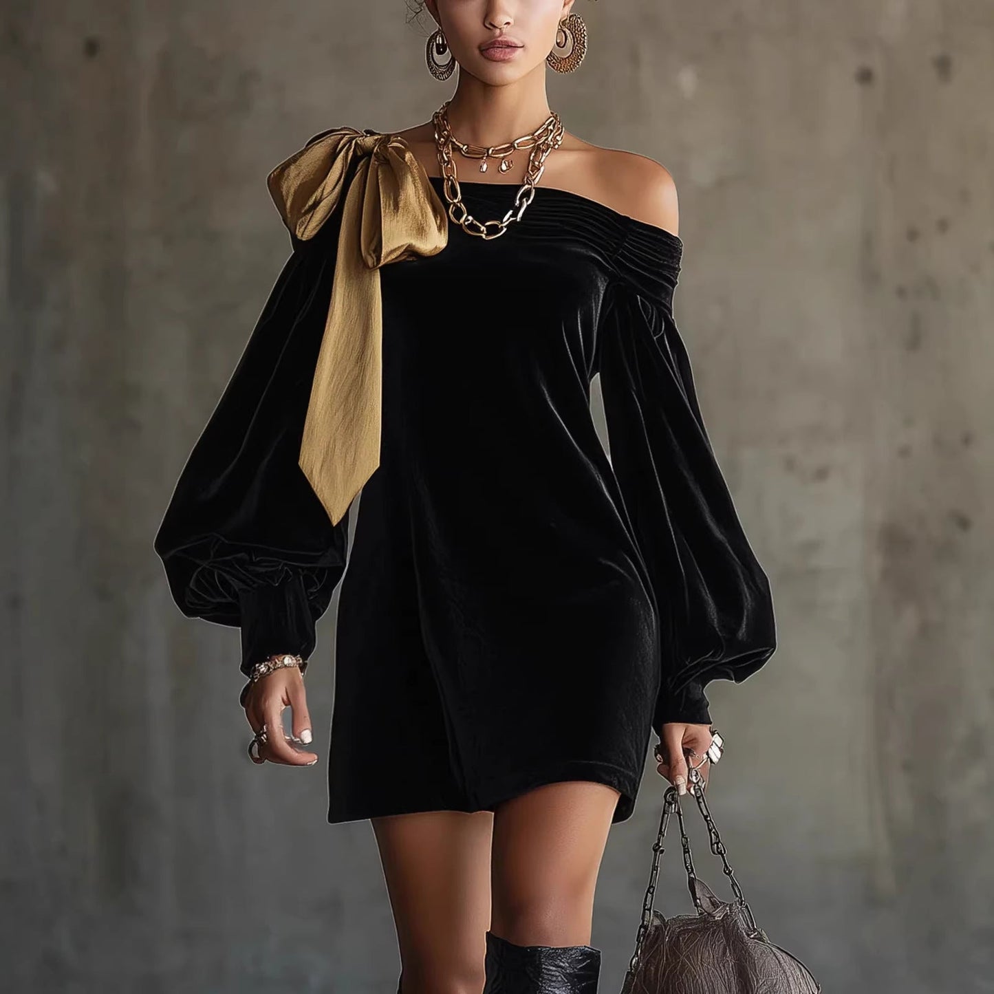 Damen Mini-Kleid Asymmetrischer Ausschnitt Puffärmel Norvielle