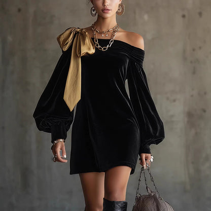 Damen Mini-Kleid Asymmetrischer Ausschnitt Puffärmel Norvielle