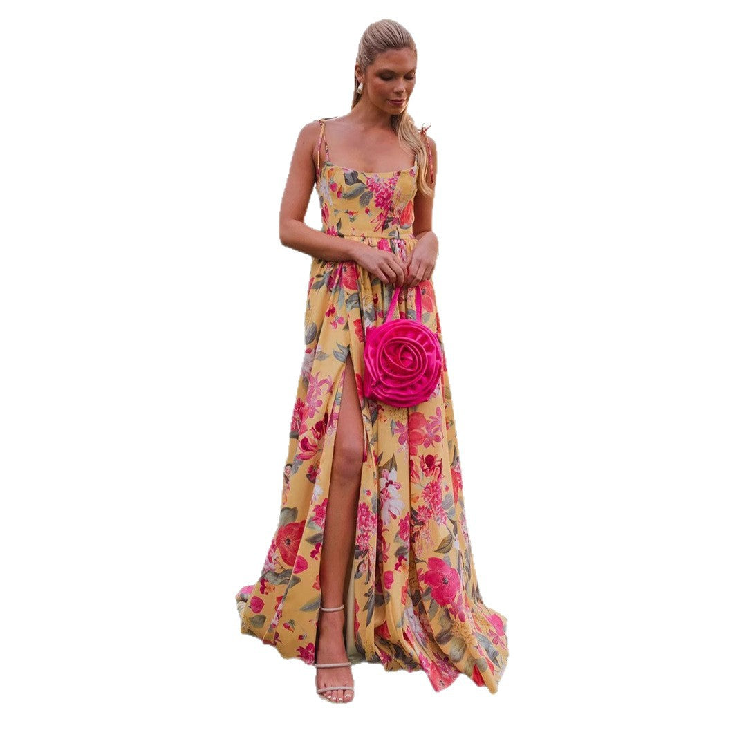 Damen Maxi-Kleid Langarm Floralmuster Rüschendetails Norvielle