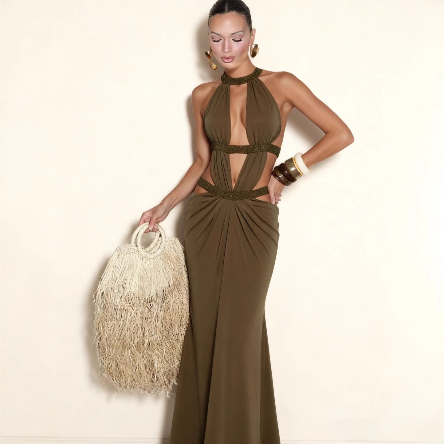 Damen Abendkleid Cut-Out-Design Glitzer Akzente