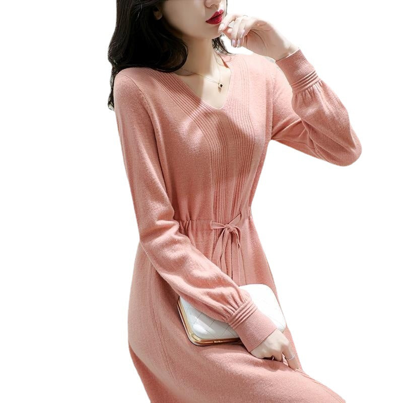 Damen Strickkleid V-Ausschnitt Taillengürtel Norvielle