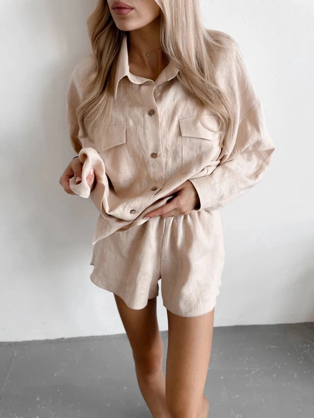 Damen Leinen Loungewear-Set Leicht Feminin Beige