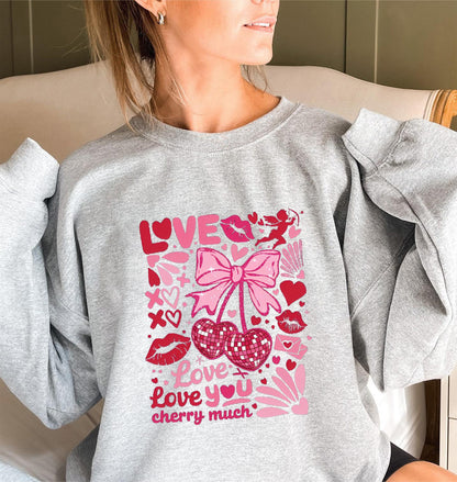 Damen Sweatshirt Voluminöse Ärmel Kirschmotiv Grün