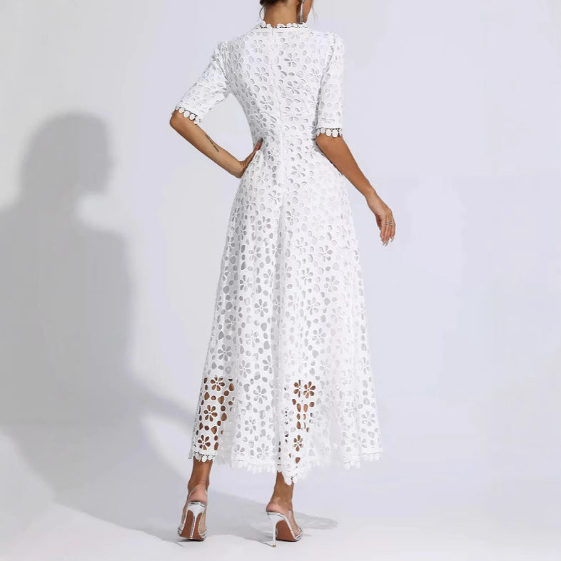 Damen Midi Kleid Florale Stickerei V-Ausschnitt Norvielle
