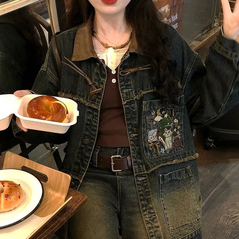 Damen Denimjacke Lässig Stickmuster