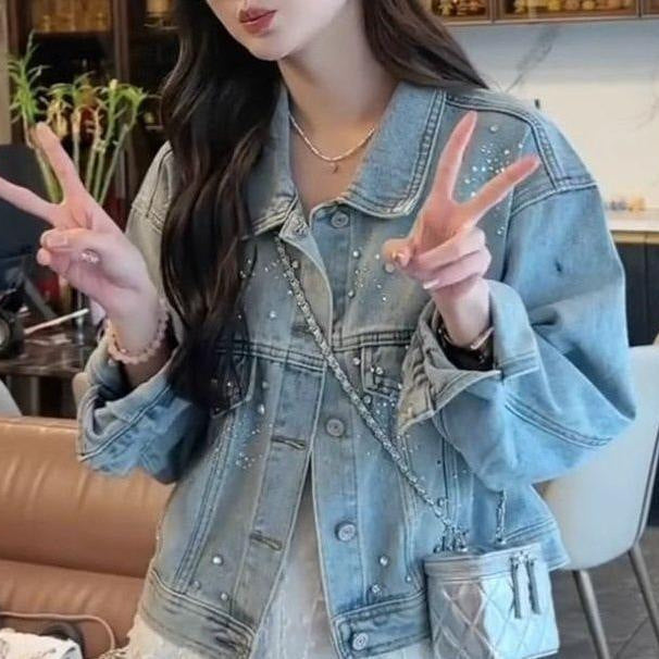 Damen Denimjacke Dekorative Perlen Norvielle