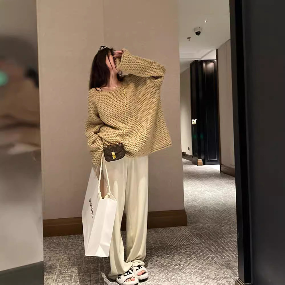 Damen Oversize-Pullover Grobgestrickt Weiter Schnitt Beige