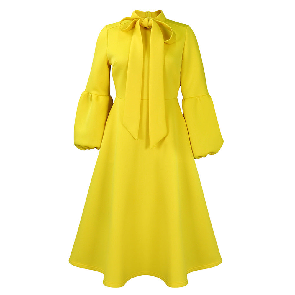 Damen Midi-Kleid Längere Puffärmel Elegante Schleife