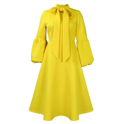 Damen Midi-Kleid Längere Puffärmel Elegante Schleife