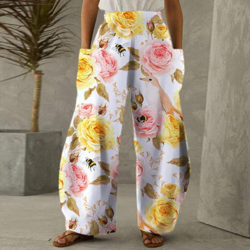 Damen Weite Blumenhosen Mit Taschen Elastischer Bund