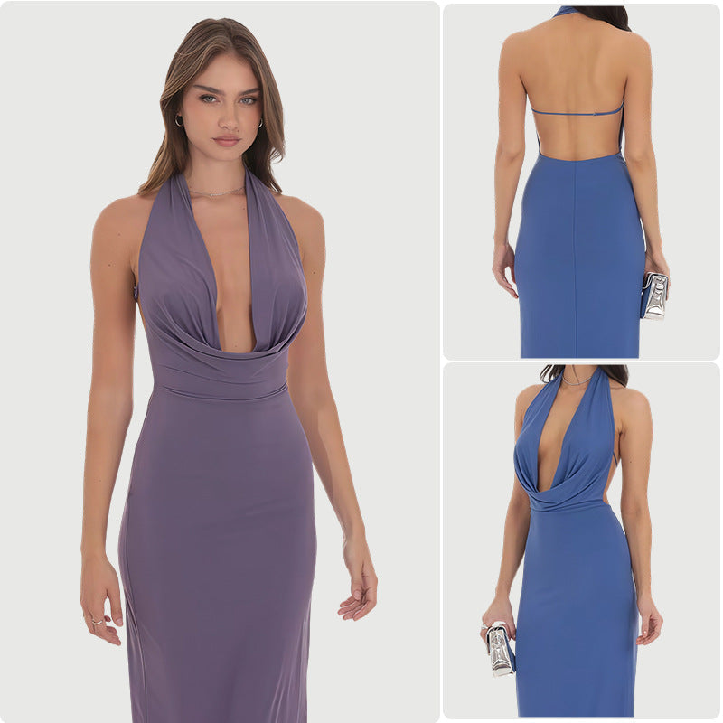 Damen Elegant Kleid Langarm V-Ausschnitt Fließend Schwarz - Norvielle
